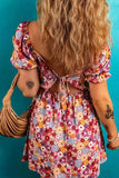 Floral Puff Sleeve Square Neck Mini Dress with Open Back - EBYNN