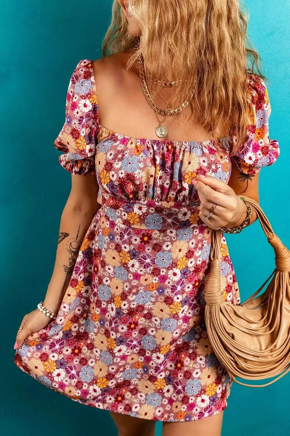 Floral Puff Sleeve Square Neck Mini Dress with Open Back - EBYNN