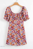 Floral Puff Sleeve Square Neck Mini Dress with Open Back - EBYNN