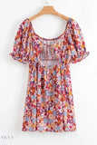 Floral Puff Sleeve Square Neck Mini Dress with Open Back - EBYNN
