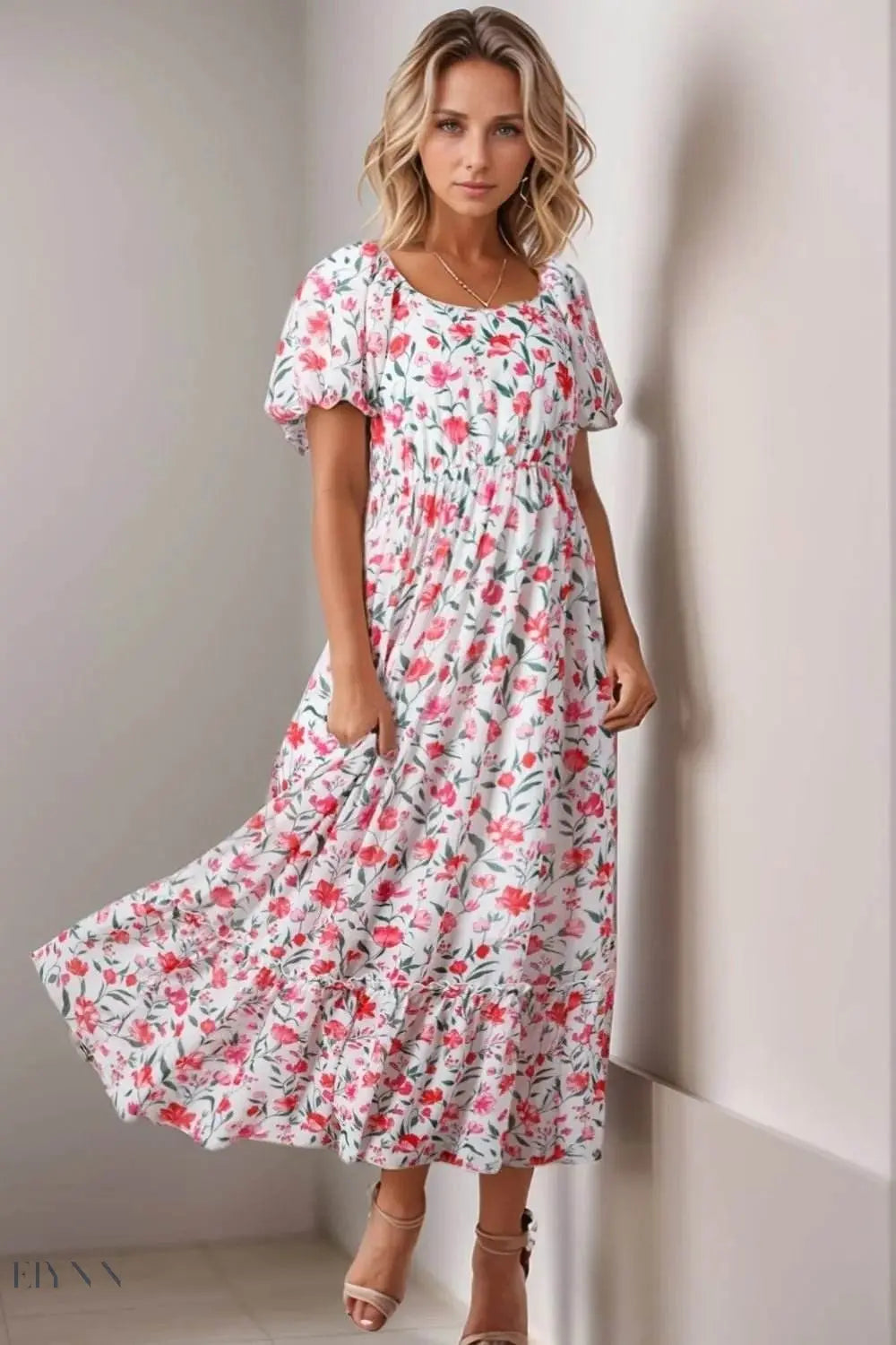 Floral Puff Sleeve Dress with Short Tiered Design - EBYNN