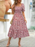 Floral Tiered Dress with Square Neck and Short Sleeves - EBYNN