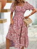 Floral Tiered Dress with Square Neck and Short Sleeves - EBYNN