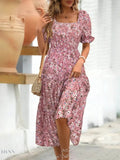 Floral Tiered Dress with Square Neck and Short Sleeves - EBYNN