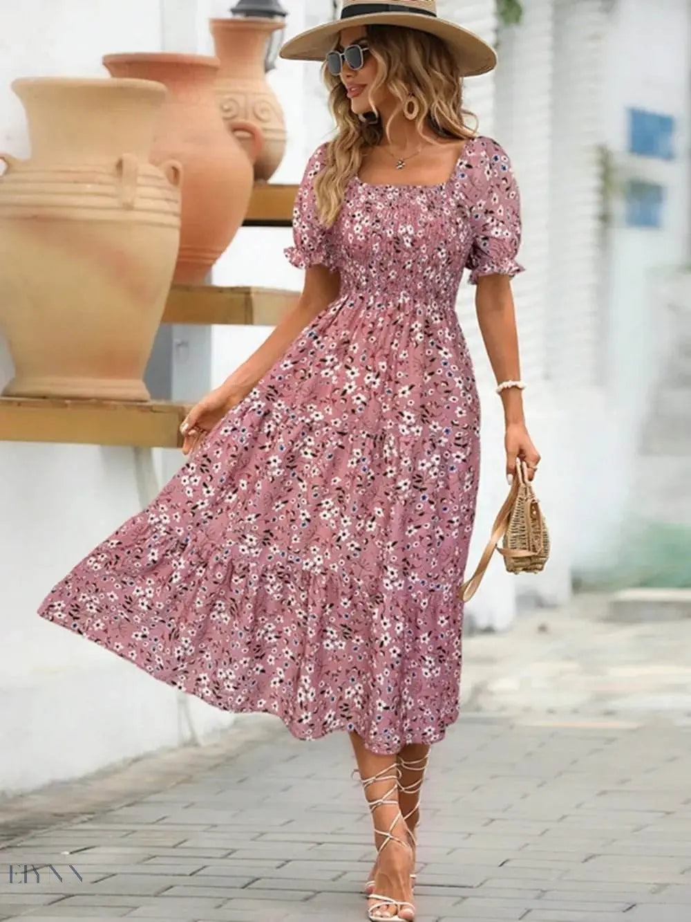 Floral Tiered Dress with Square Neck and Short Sleeves - EBYNN