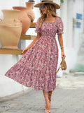 Floral Tiered Dress with Square Neck and Short Sleeves - EBYNN