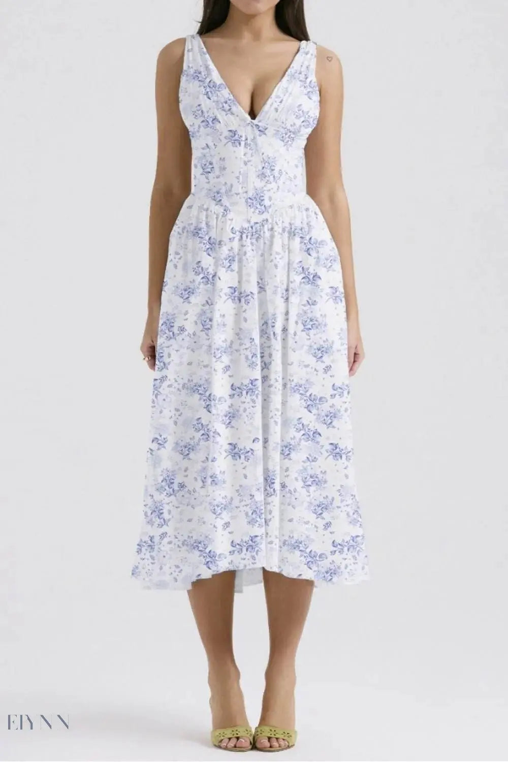 Floral V-Neck Sleeveless Midi Dress with Pockets - EBYNN