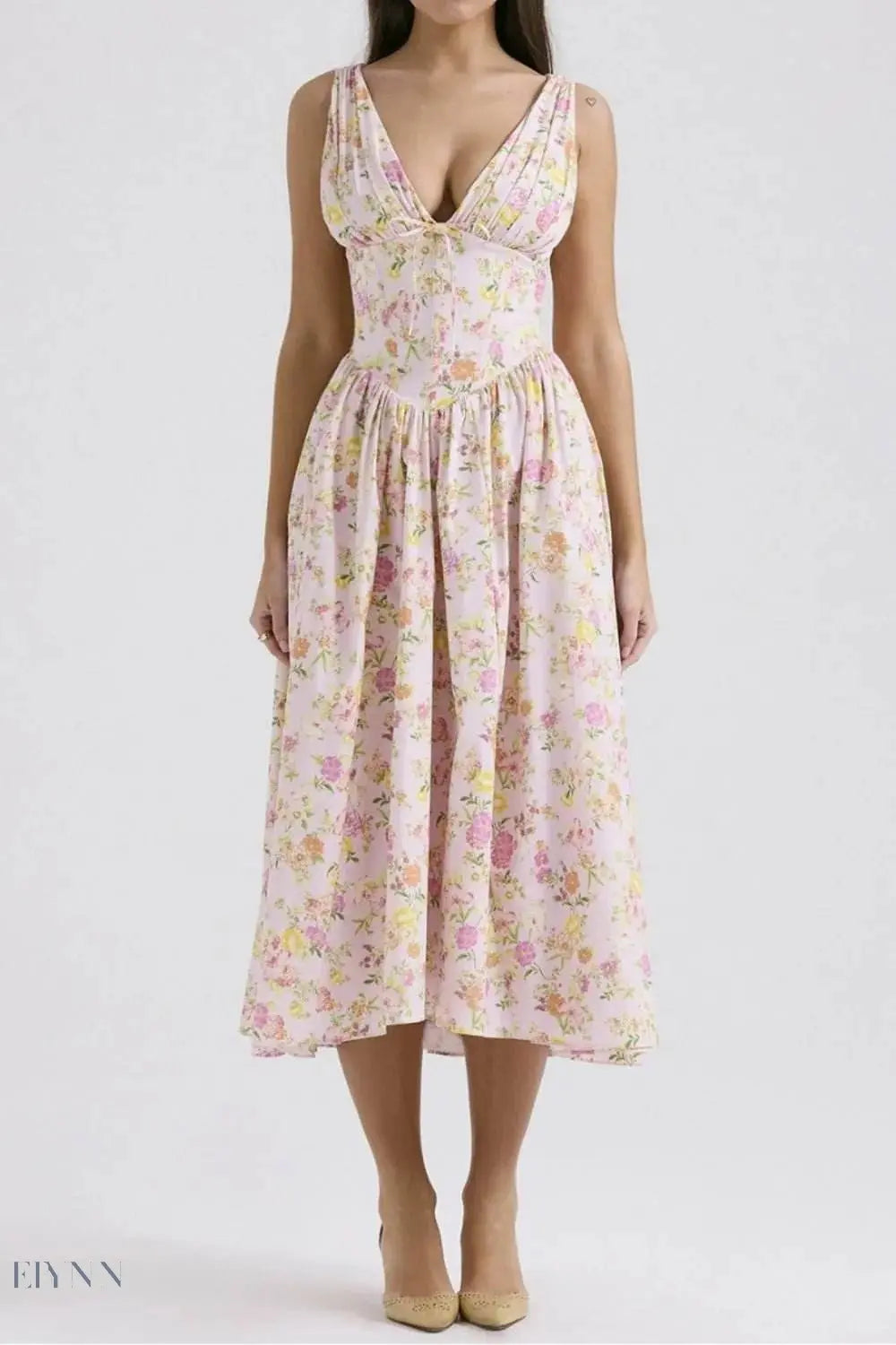 Floral V-Neck Sleeveless Midi Dress with Pockets - EBYNN