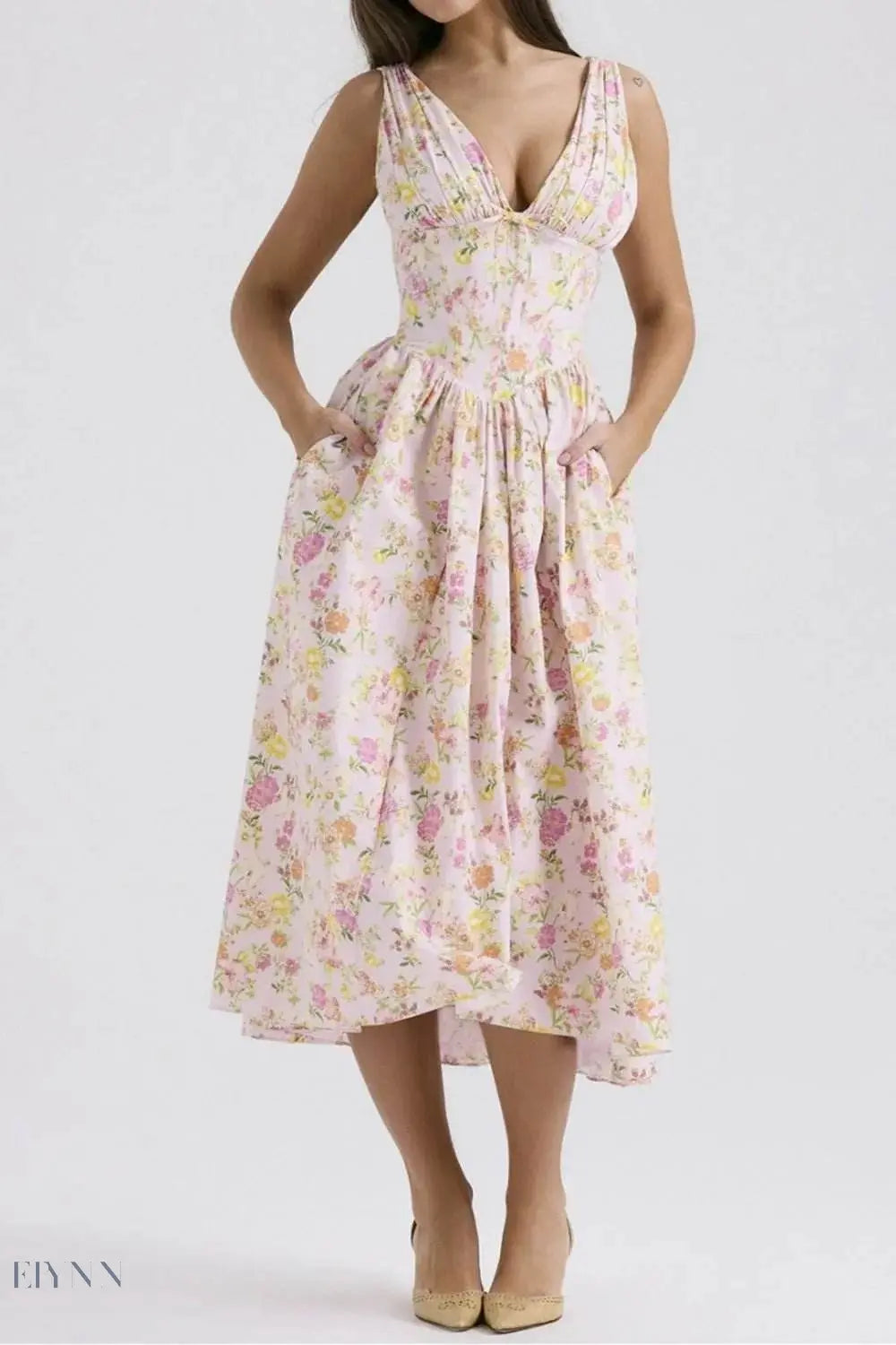 Floral V-Neck Sleeveless Midi Dress with Pockets - EBYNN
