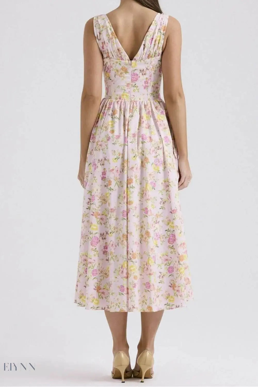 Floral V-Neck Sleeveless Midi Dress with Pockets - EBYNN