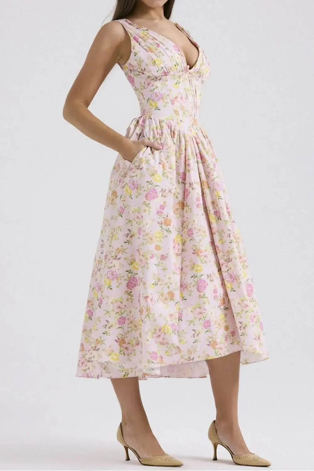Floral V-Neck Sleeveless Midi Dress with Pockets - EBYNN