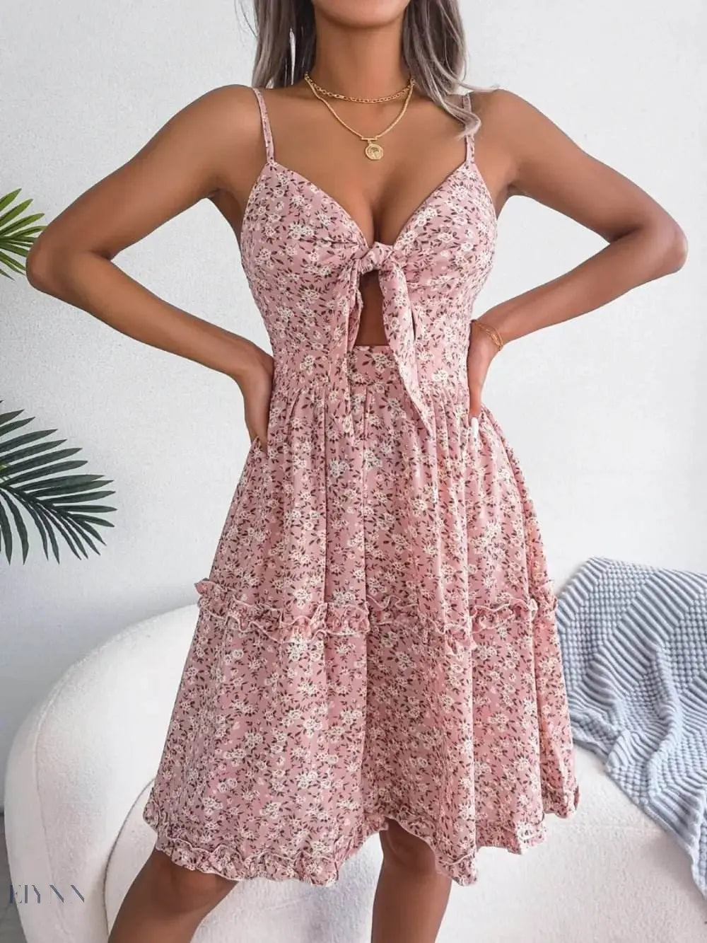 Frill Ditsy Floral Spaghetti Strap Mini Dress - EBYNN