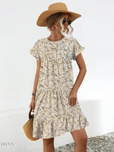 Frill Floral Tiered Dress with Short Sleeves - EBYNN