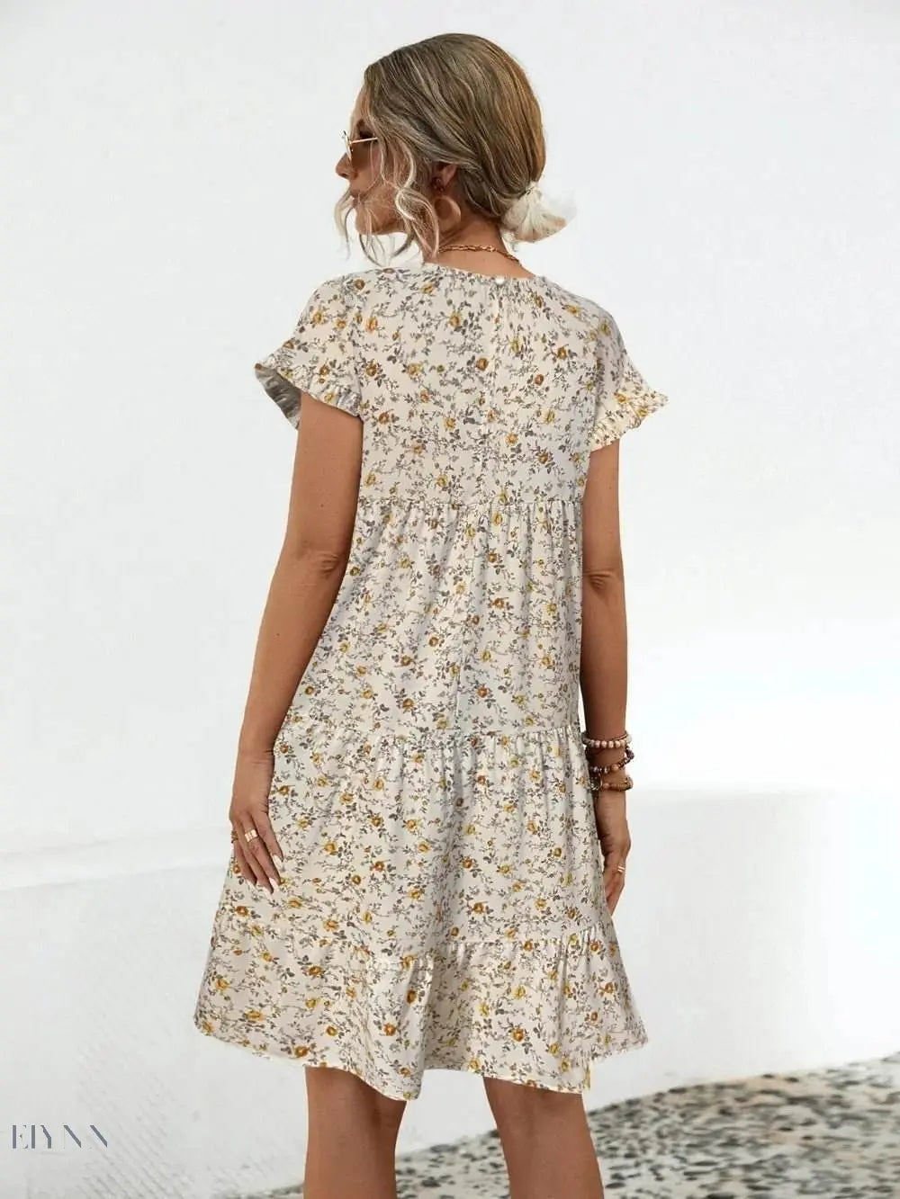 Frill Floral Tiered Dress with Short Sleeves - EBYNN