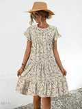 Frill Floral Tiered Dress with Short Sleeves - EBYNN