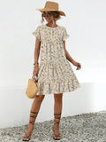 Frill Floral Tiered Dress with Short Sleeves - EBYNN