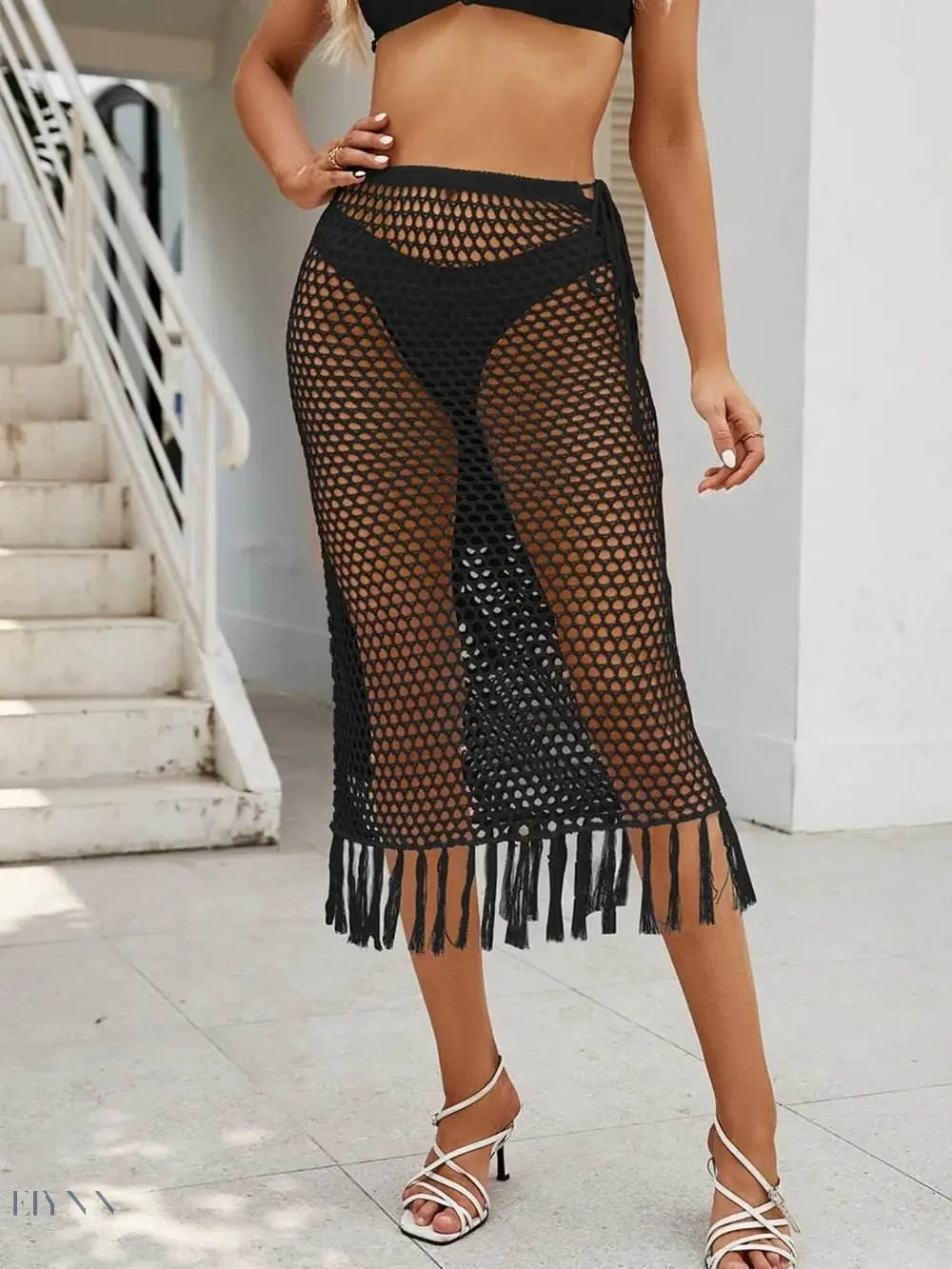 Fringe Openwork High Waist Swim Skirt - EBYNN