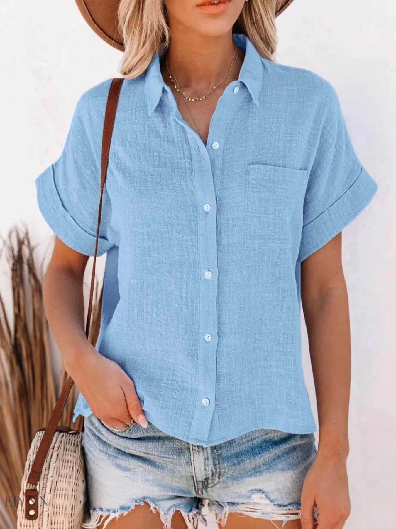 Plus Size Button Up Shirt for Women - Short Sleeve Style - EBYNN