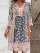 Lace Detail Dress with Printed Three-Quarter Sleeves - EBYNN
