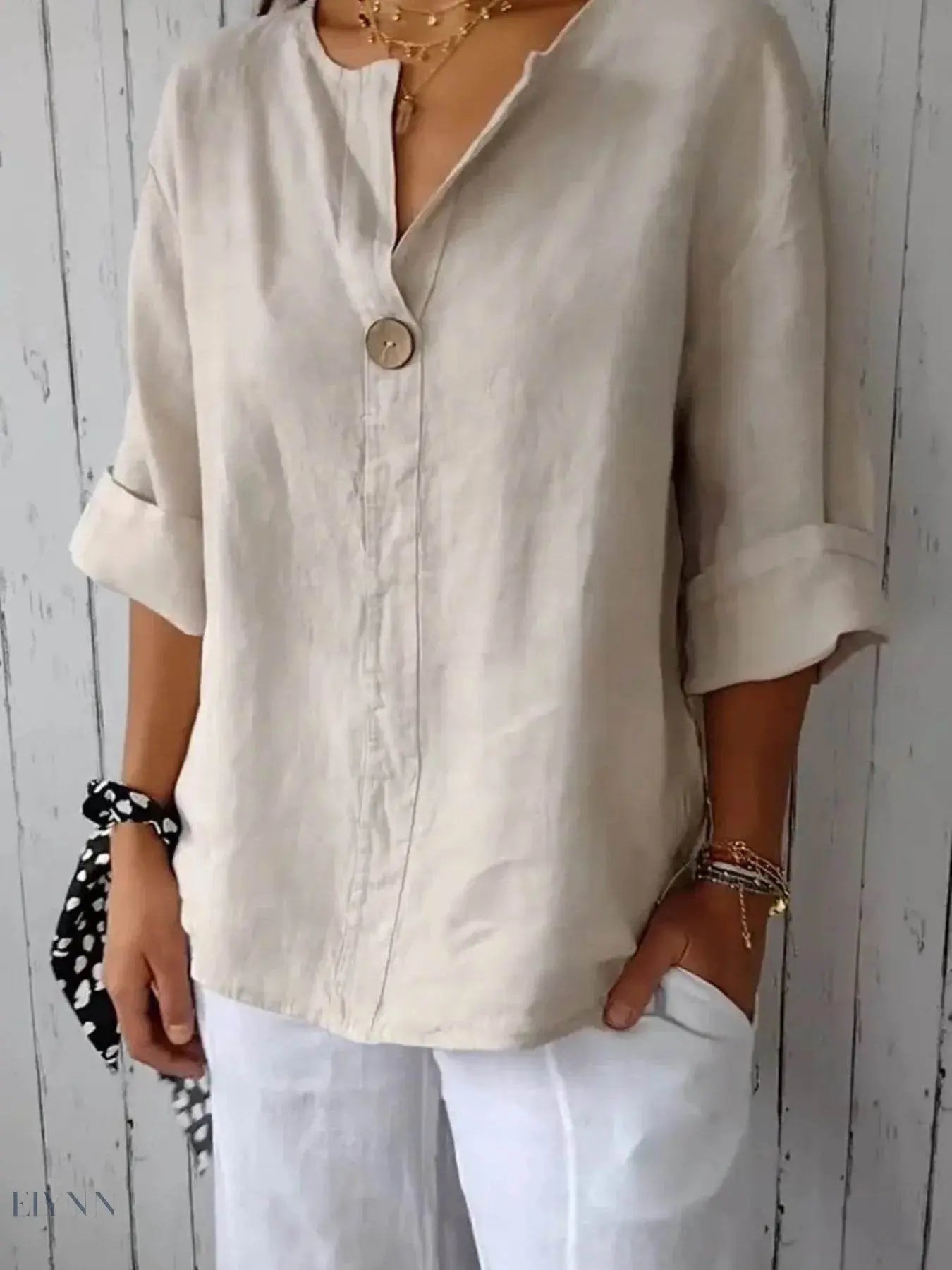 Plus Size Linen Blouse with Notched Design for Effortless Style - EBYNN