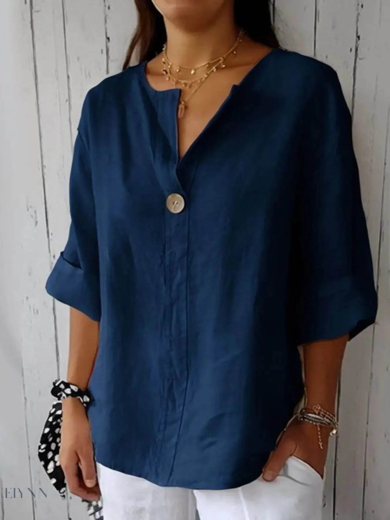 Plus Size Linen Blouse with Notched Design for Effortless Style - EBYNN