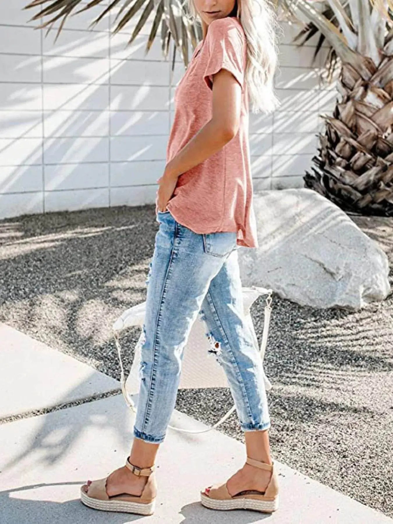 Plus Size Short Sleeve T-Shirt for Women with Notched Design - EBYNN