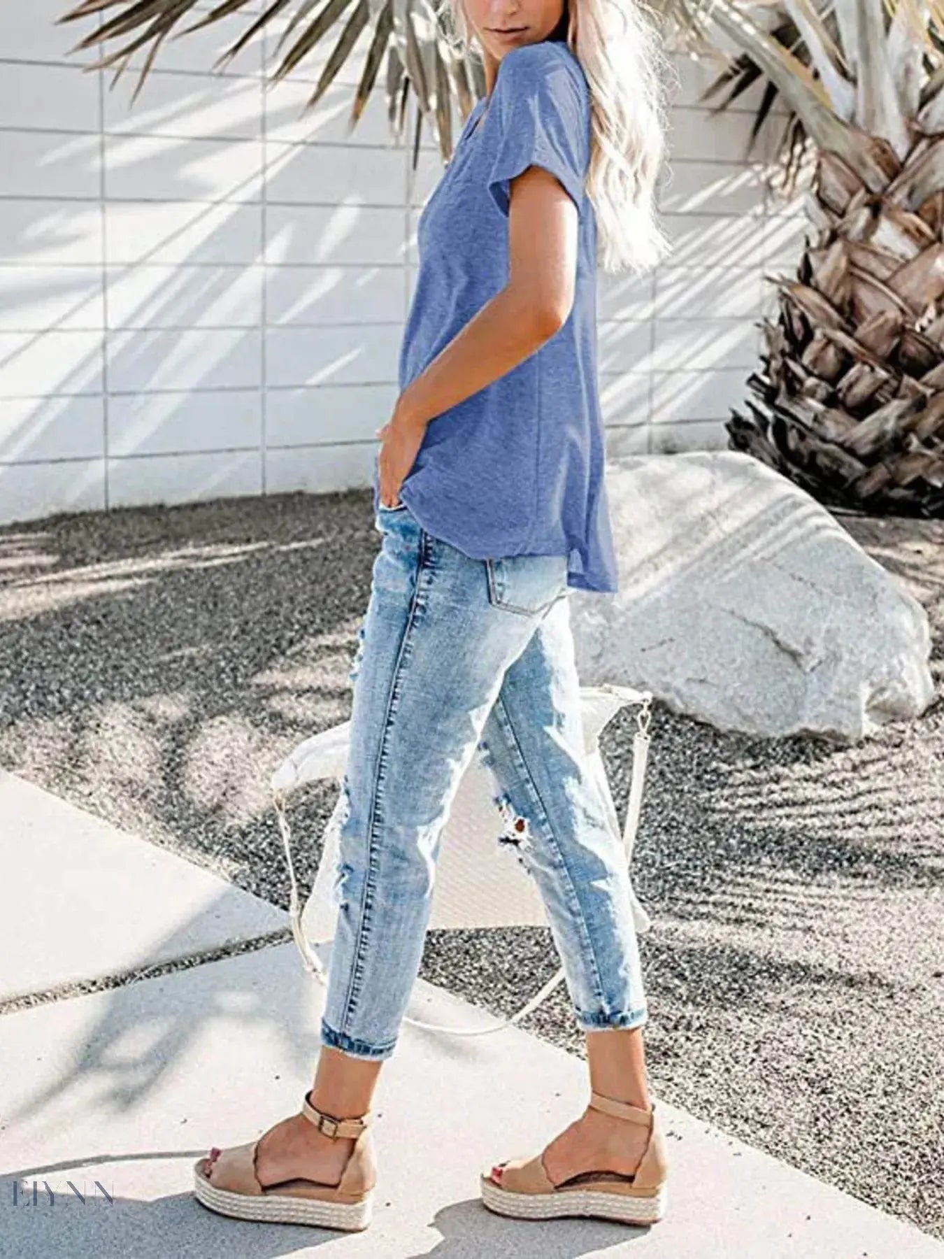 Plus Size Short Sleeve T-Shirt for Women with Notched Design - EBYNN