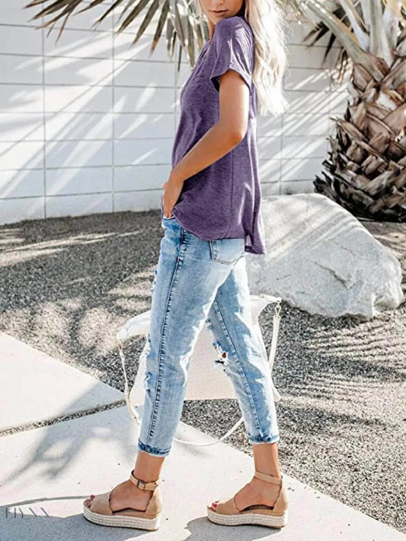 Plus Size Short Sleeve T-Shirt for Women with Notched Design - EBYNN