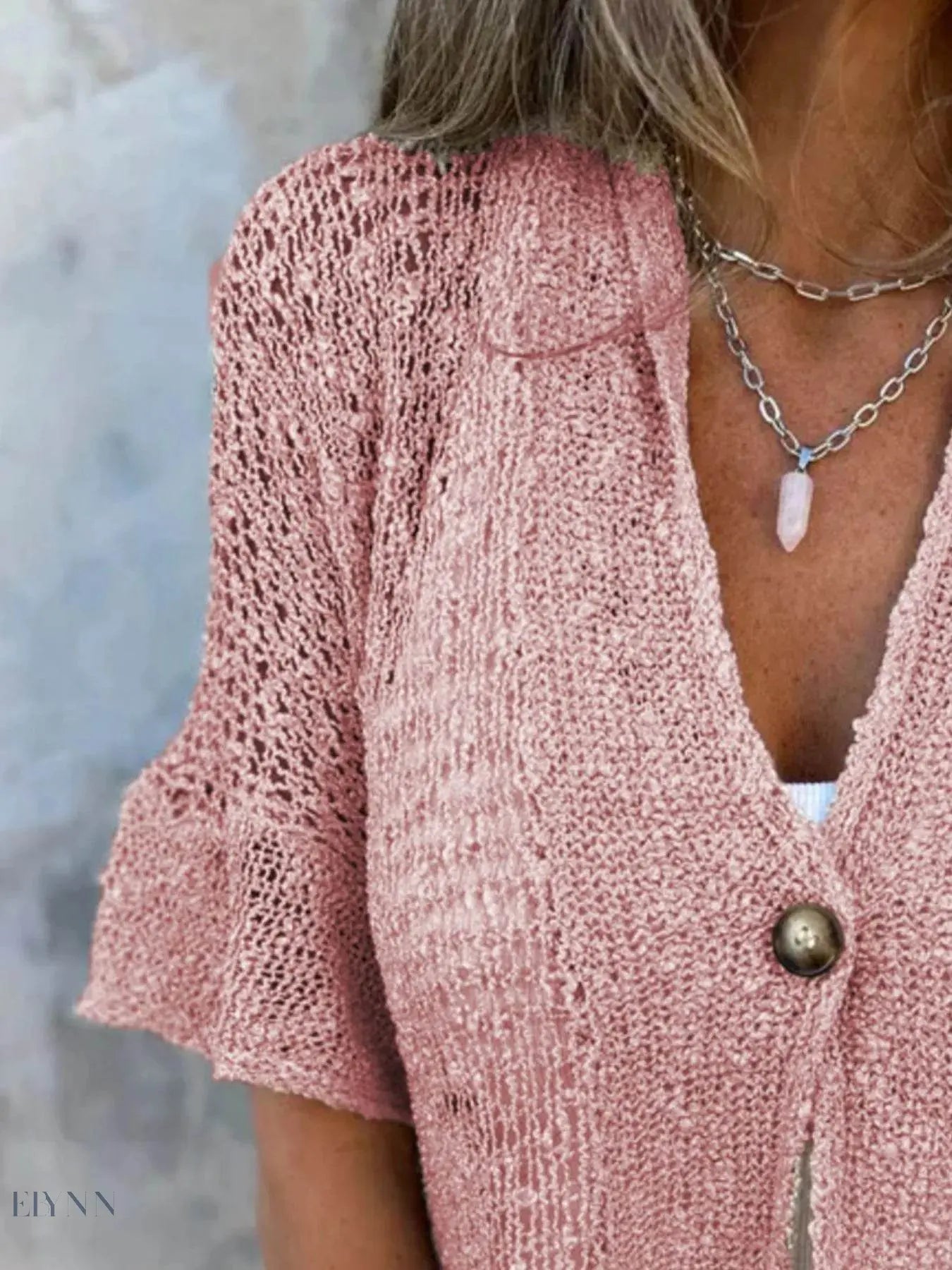 Plus Size Cardigan with One Button and Half Sleeves - EBYNN