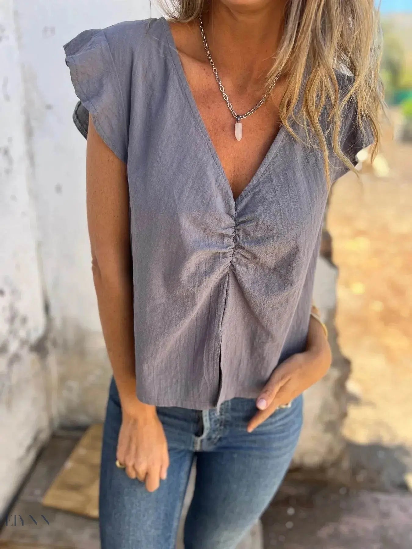 Plus Size Cap Sleeve Blouse with Ruched V-Neck Design - EBYNN