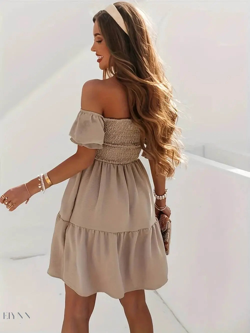 Ruffled Off-Shoulder Dress with Short Sleeves - EBYNN