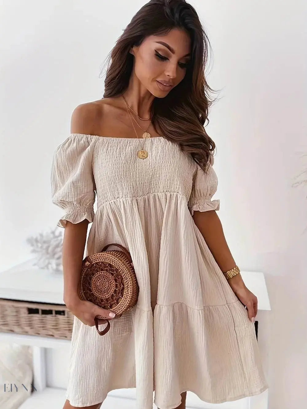 Ruffled Off-Shoulder Dress with Short Sleeves - EBYNN