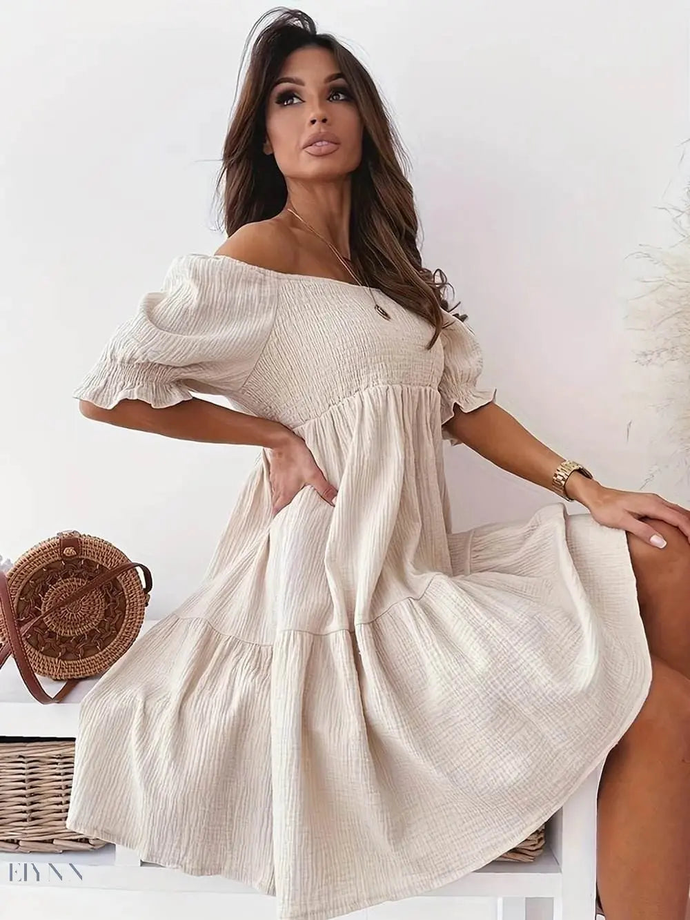 Ruffled Off-Shoulder Dress with Short Sleeves - EBYNN