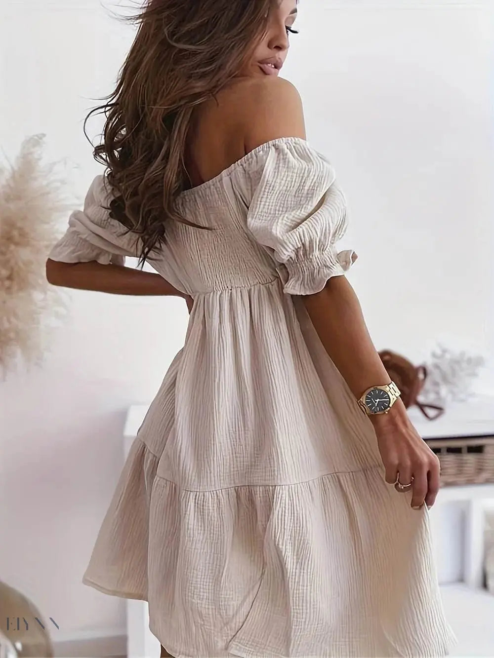 Ruffled Off-Shoulder Dress with Short Sleeves - EBYNN