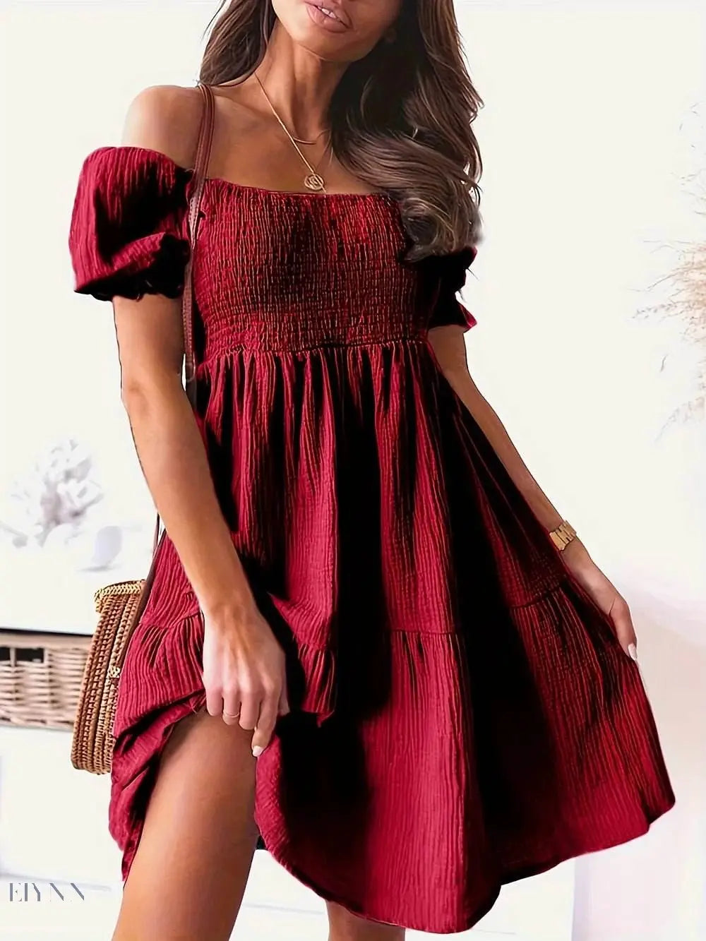 Ruffled Off-Shoulder Dress with Short Sleeves - EBYNN