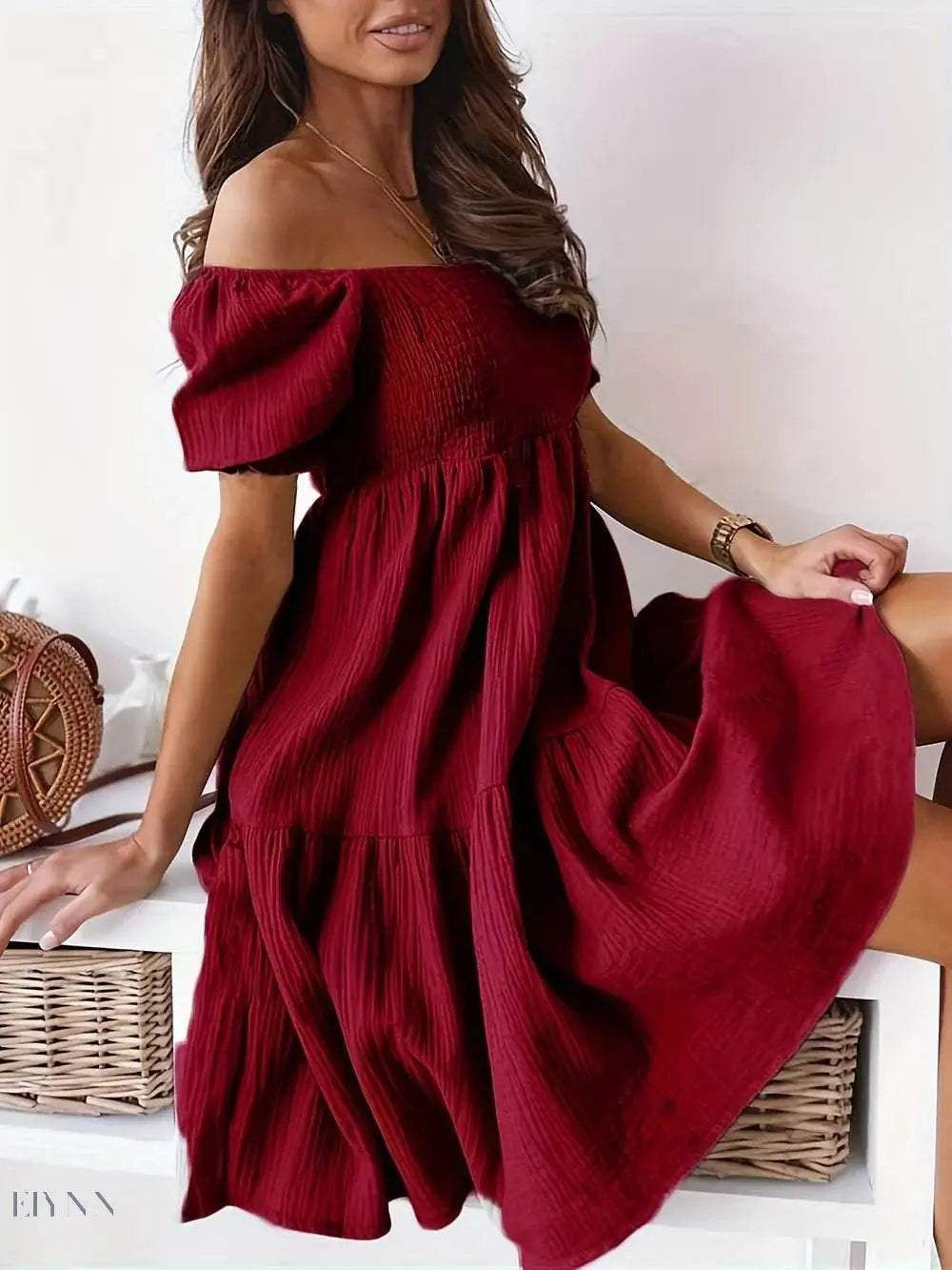 Ruffled Off-Shoulder Dress with Short Sleeves - EBYNN