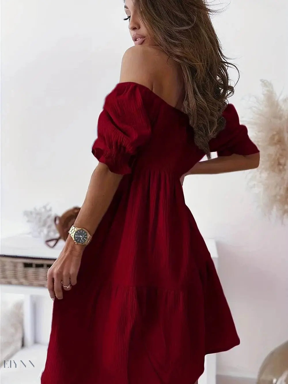 Ruffled Off-Shoulder Dress with Short Sleeves - EBYNN