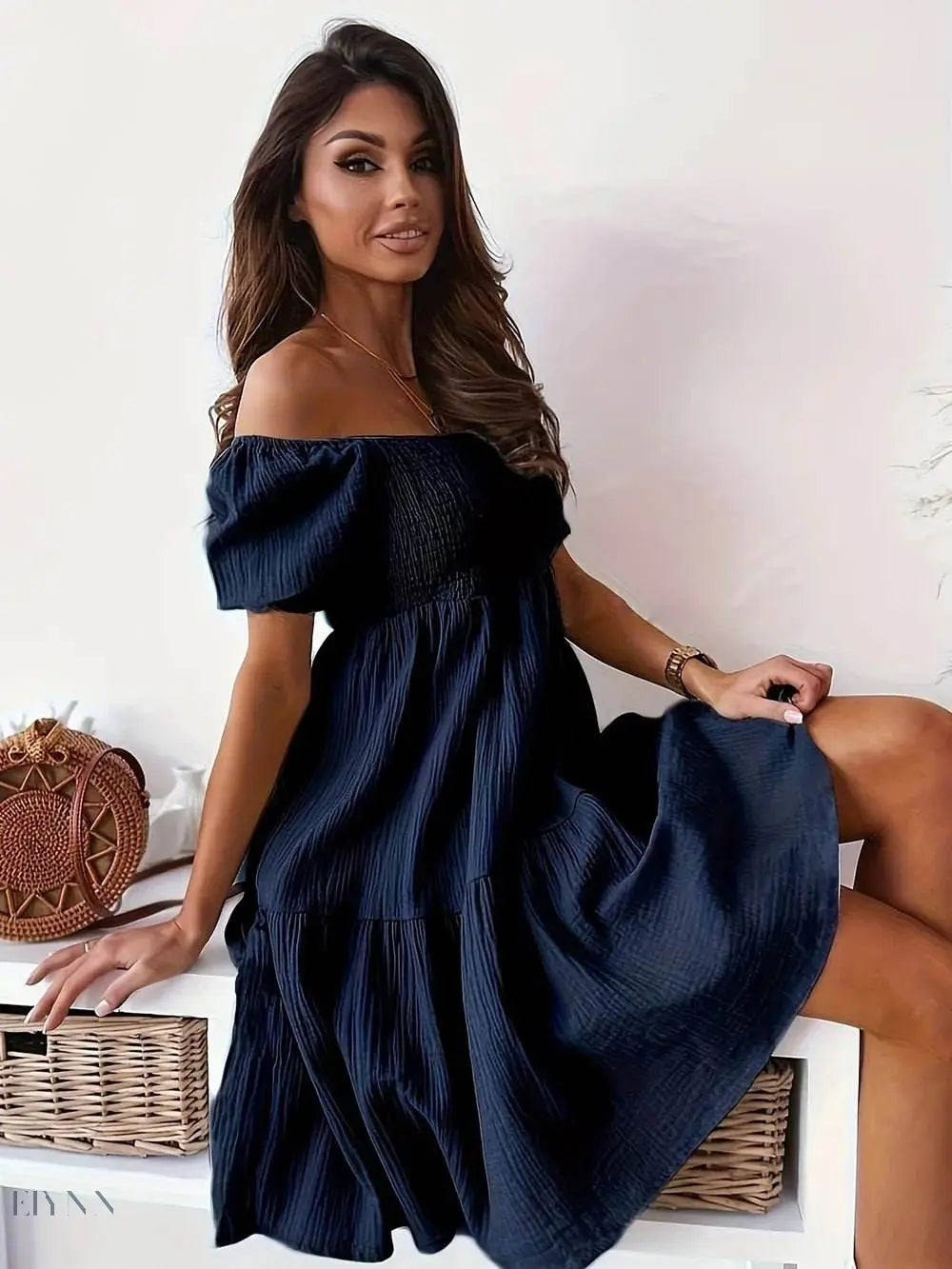 Ruffled Off-Shoulder Dress with Short Sleeves - EBYNN