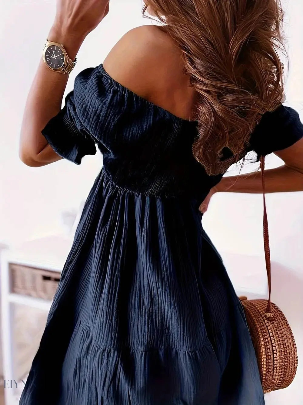 Ruffled Off-Shoulder Dress with Short Sleeves - EBYNN