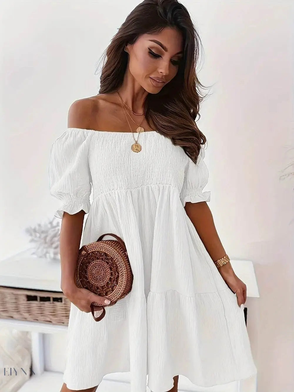 Ruffled Off-Shoulder Dress with Short Sleeves - EBYNN