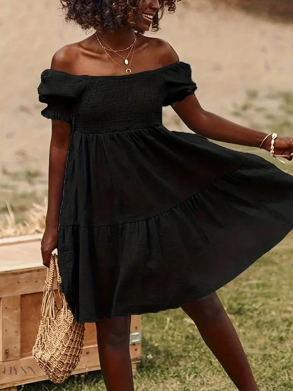 Ruffled Off-Shoulder Dress with Short Sleeves - EBYNN
