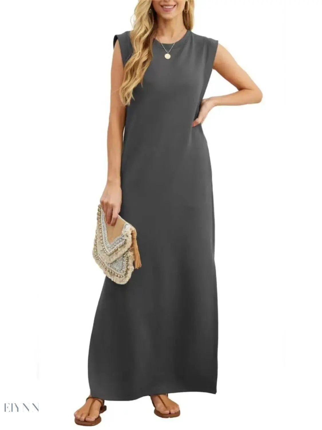 Plus Size Maxi Tank Dress with Slit and Round Neck Design - EBYNN