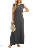 Plus Size Maxi Tank Dress with Slit and Round Neck Design - EBYNN