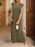Plus Size Maxi Tank Dress with Slit and Round Neck Design - EBYNN