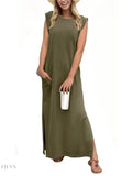 Plus Size Maxi Tank Dress with Slit and Round Neck Design - EBYNN