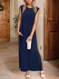 Plus Size Maxi Tank Dress with Slit and Round Neck Design - EBYNN