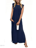 Plus Size Maxi Tank Dress with Slit and Round Neck Design - EBYNN