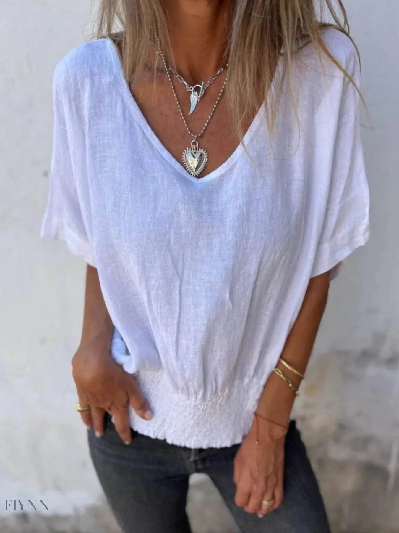 Plus Size Relaxed Fit T-Shirt with Smocked Hem and V-Neck - EBYNN