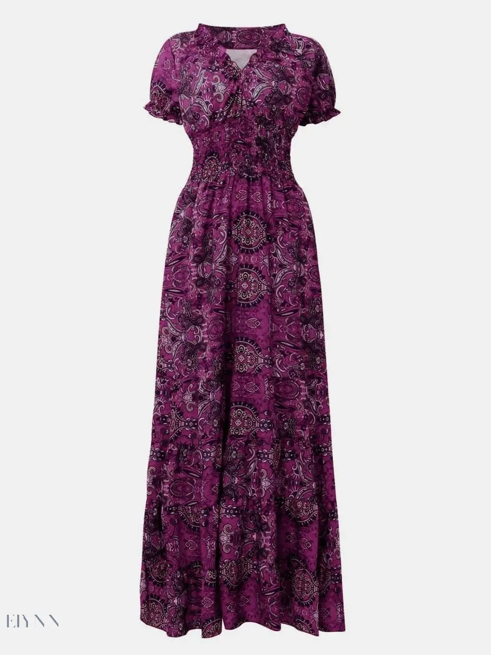 Full Size Smocked V-Neck Dress with Printed Short Sleeves - EBYNN