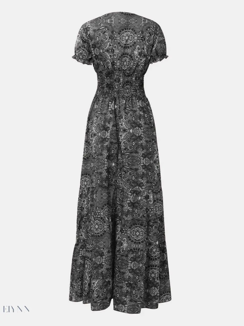 Full Size Smocked V-Neck Dress with Printed Short Sleeves - EBYNN